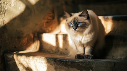 Siberian Cat Delicately Perched on a Staircase
