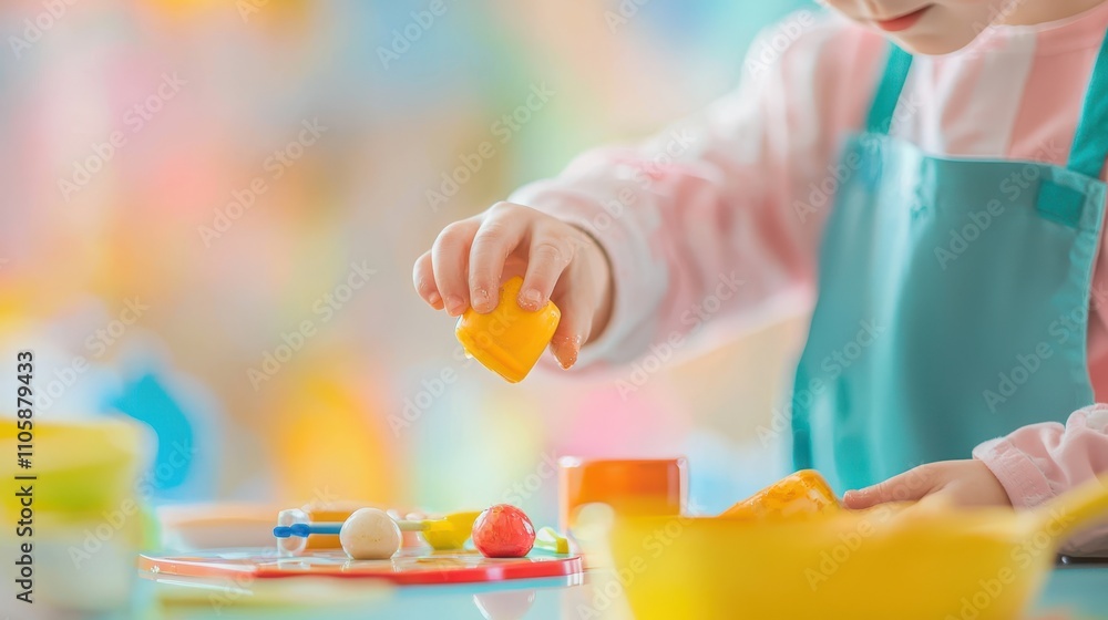 Poster child engaged in playful learning activities with colorful soft modeling clay and creative toys