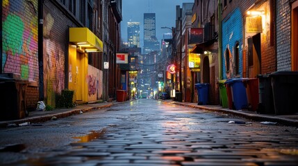 Fototapeta premium [Urban texture urban spatial city] Urban Alleyway at Night with City Lights Reflections & Graffiti in Calm Atmosphere