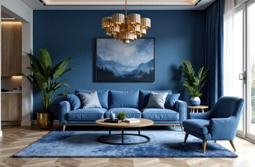 Interior design project with modern organic style, room with sofa, carpet, magazine table, chandelier and armchair in blue colors 