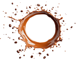 Splash of coffee with scattered coffee beans forming a circular shape on a black background
