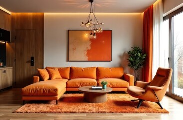 Interior design project with modern organic style, room with sofa, carpet, magazine table, chandelier and armchair in orange colors 