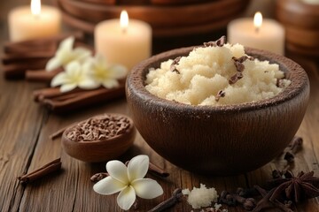 spa experience, enjoy a body scrub in a cozy bathroom with spa ingredients like cocoa butter and vanilla beans, gently lit by candlelight