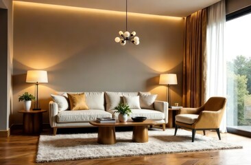 Fototapeta premium Interior design project with modern organic style, room with sofa, carpet, magazine table, chandelier and armchair in gold colors