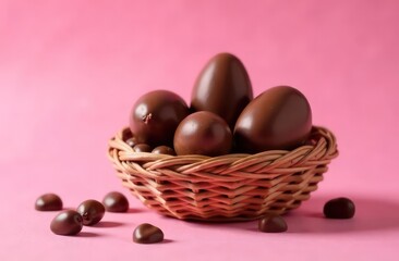 Naklejka premium Chocolate eggs in a basket on a pink background