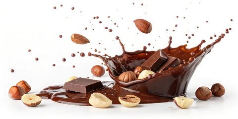 Fototapeta premium Delicious Melted Chocolate with Hazelnuts and Almonds Splashing