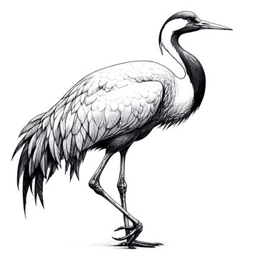 a brolga sketch engraving. White background.