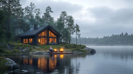 Obraz premium Cozy Lakeside Cabin Retreat with Crackling Firepit at Dusk Peaceful Retirement Lifestyle