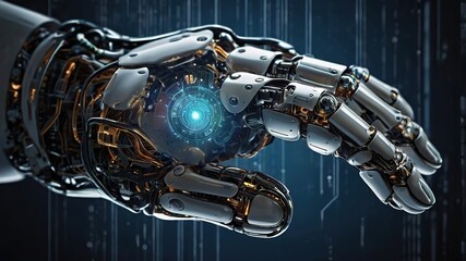 Robot hand pressing an artificial intelligence, AI, button. Concept of technology, future, innovation, tools and development of AI, 8k Resolution