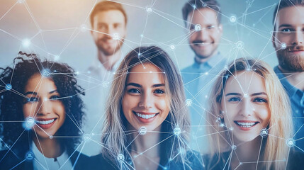 A digital network of faces illustrates the modern approach to connecting professionals worldwide.