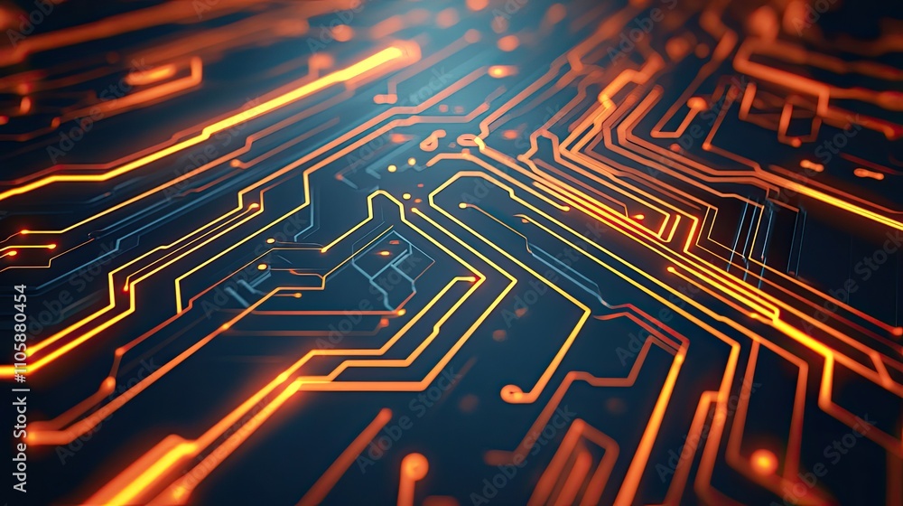 Poster abstract close-up of a futuristic circuit board with glowing orange lines and dark background, repre