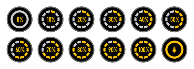 Infographic circle set 0 to 100 percent loading progress indicator in yellow and black color. Set of circle percentage diagrams for infographics 0 10 20 30 40 50 60 70 80 90 100 percent.