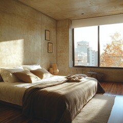 Sunlit Bedroom With Concrete Walls And City View