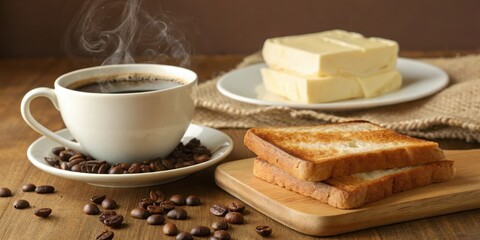 Aromatic Coffee with Buttered Toast and Coffee Beans