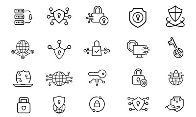 Cyber Security and protection Line Editable Icons set. Thin line modern style of cyber protection related icons: personal data and network protection, passwords, types of cyber dangers.