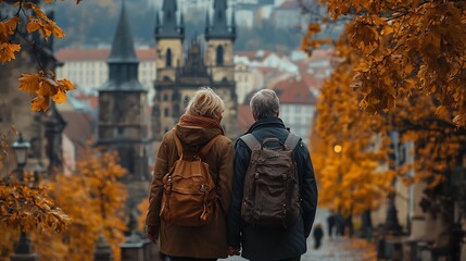 Obraz premium Retired Couple Exploring Historic European City in Autumn Splendor