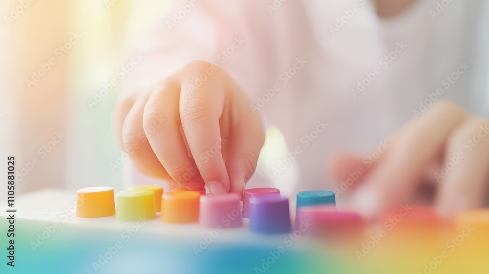 Poster close-up of a child engaging in play therapy with colorful blocks in a warm and nurturing environmen