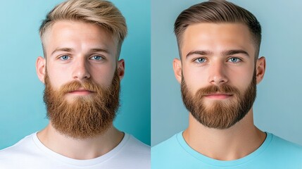 Two handsome Caucasian men showcasing different beard styles, both with striking blue eyes against a soft blue background., contrast of hair style, comparison