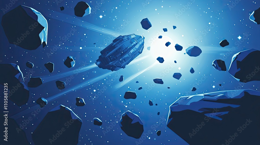 Aufkleber spaceship navigating asteroid field in deep space