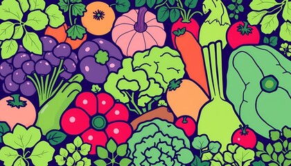 Colorful illustration of fresh vegetables and fruits.