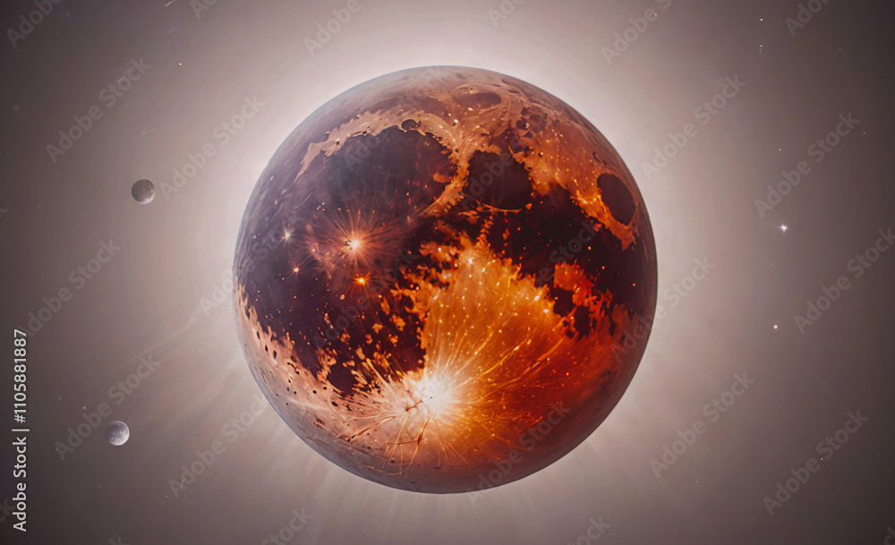 Poster red planet with a white moon. the planet is surrounded by stars. the planet is the center of the ima