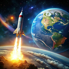 Fototapeta premium A dynamic scene of a rocket launching into space with Earth in the background
