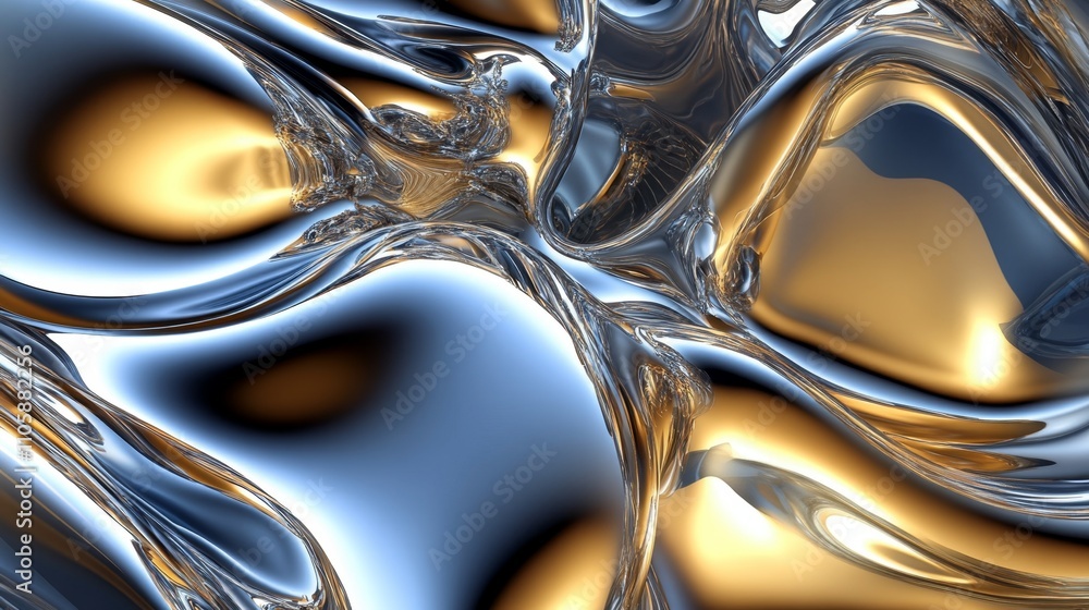 Poster organic fluid shapes in metallic colors with dynamic patterns