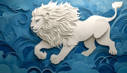 Paper cut illustration of a white lion on a blue background