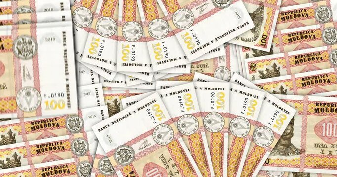 Moldova money Moldavian Lei banknotes in a cash fan mosaic pattern loop. 100 MDL notes. Abstract concept of bank, finance, economy seamless and looped design background.