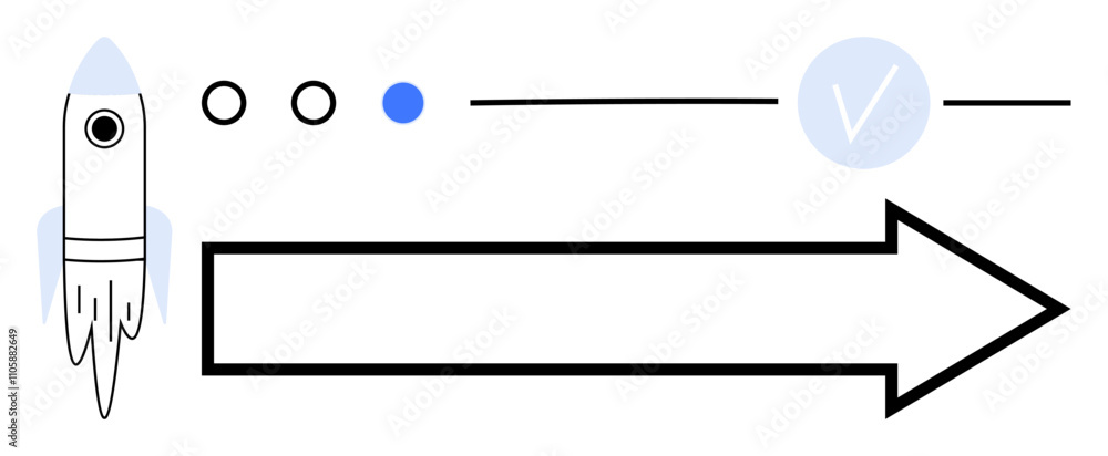 Poster rocket icon, three progress dots, blue checkmark, and large arrow pointing right. ideal for project 