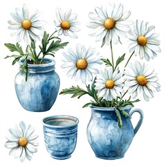 Fototapeta premium Watercolor illustration of daisies in blue ceramic pots and a cup.