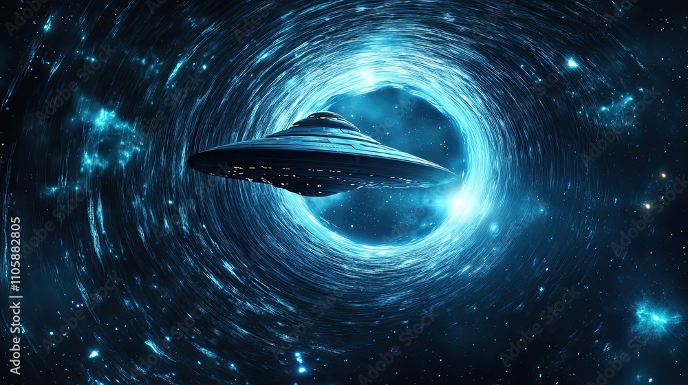 Sticker spaceship entering a celestial wormhole through space