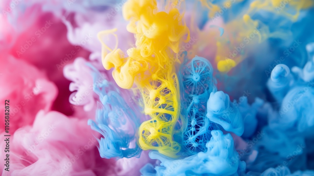 Poster ink drops in water creating vibrant swirling fractal patterns