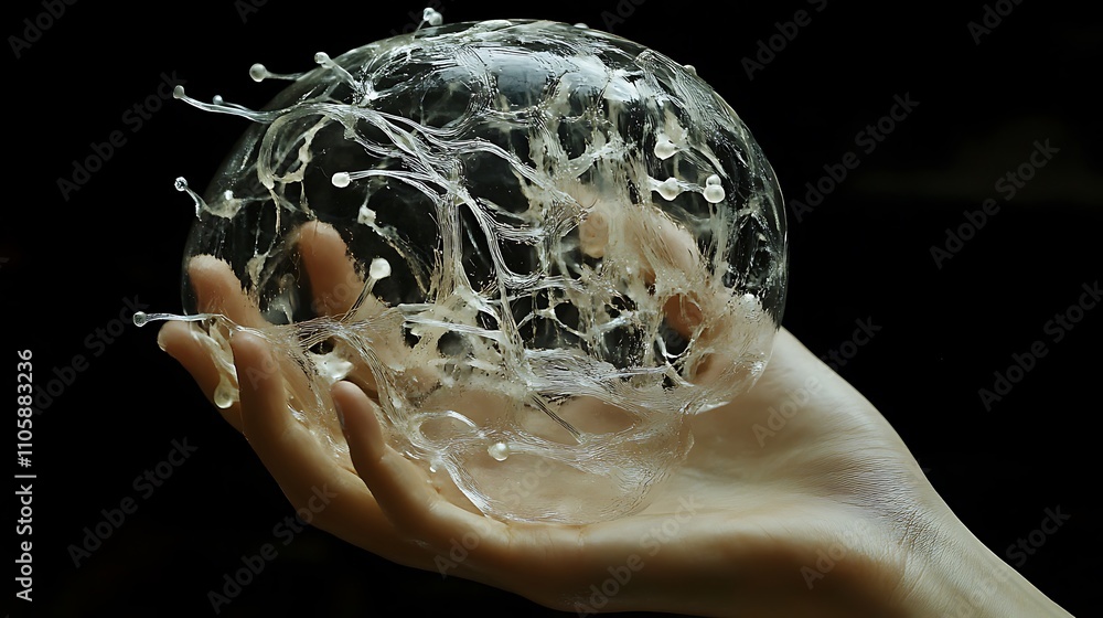Poster a hand holds a transparent sphere with intricate internal structure