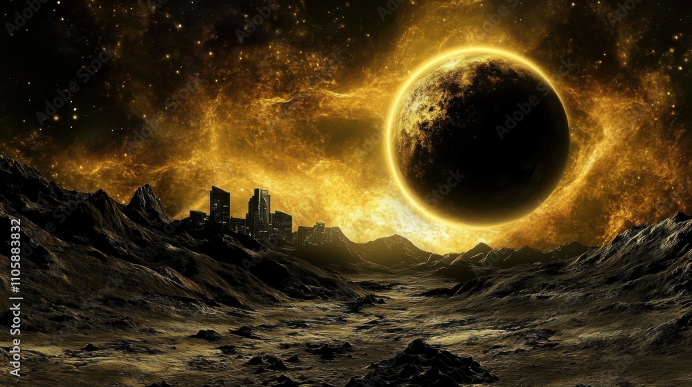 Poster surreal landscape of an alien planet with a distant city and golden celestial body illuminating the 