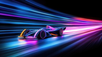 Futuristic Racing Car in Motion with Striking Neon Lights Against a Dark Background, Symbolizing Speed and Modern Technology