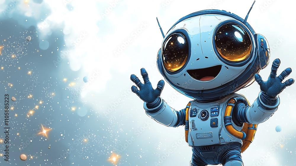 Poster goofy cartoon alien waving with three hands in spacesuit floating happily surrounded by tiny stars o