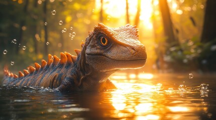Here's a  and keyword list fitting your specifications.. Juvenile dinosaur wading in sunlit water.