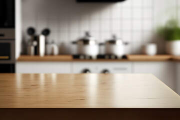 Wood table top on blur kitchen room background