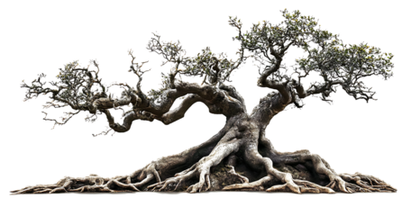 
Large old tree with gnarled roots and twisted branches and without leafs and transparents background [PNG]