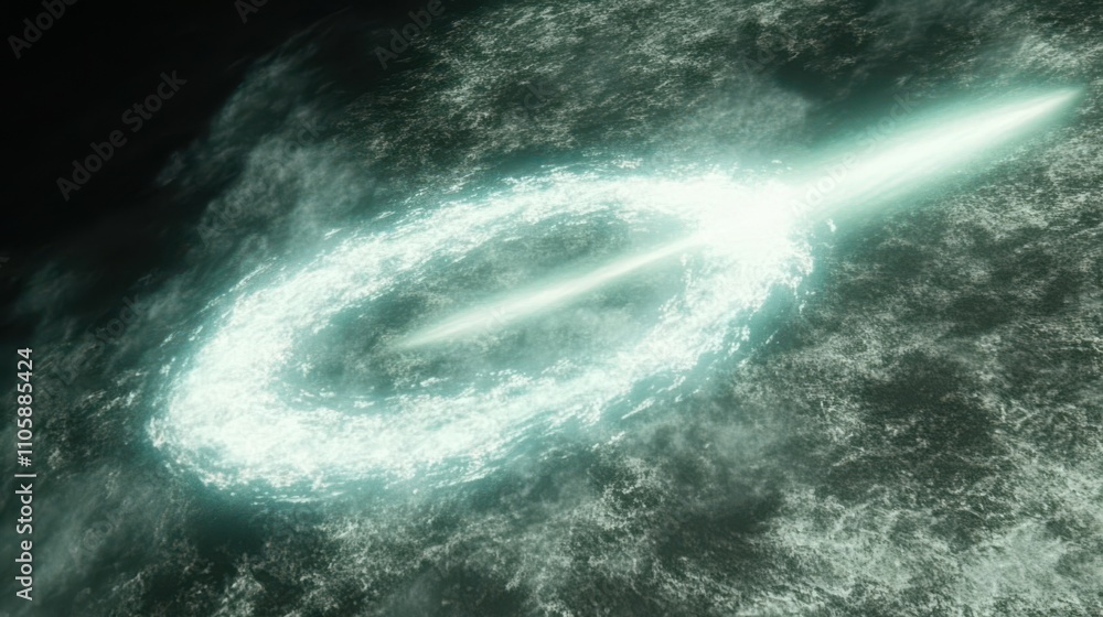 Poster mystical energy spiral emanates from a glowing center, surrounded by a cloud of mist and light, crea