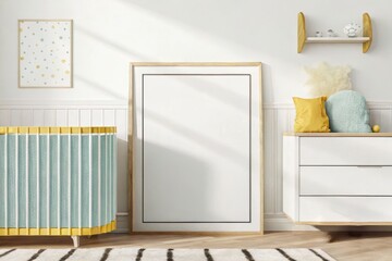 Naklejka premium Nursery with wooden crib, green dresser, and natural light creating a warm, cozy atmosphere