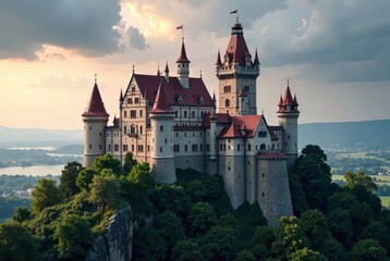 Fototapeta premium Corvin's Castle Hunedoara Romania - Medieval Fortress, Dramatic Landscape, AI Photorealistic