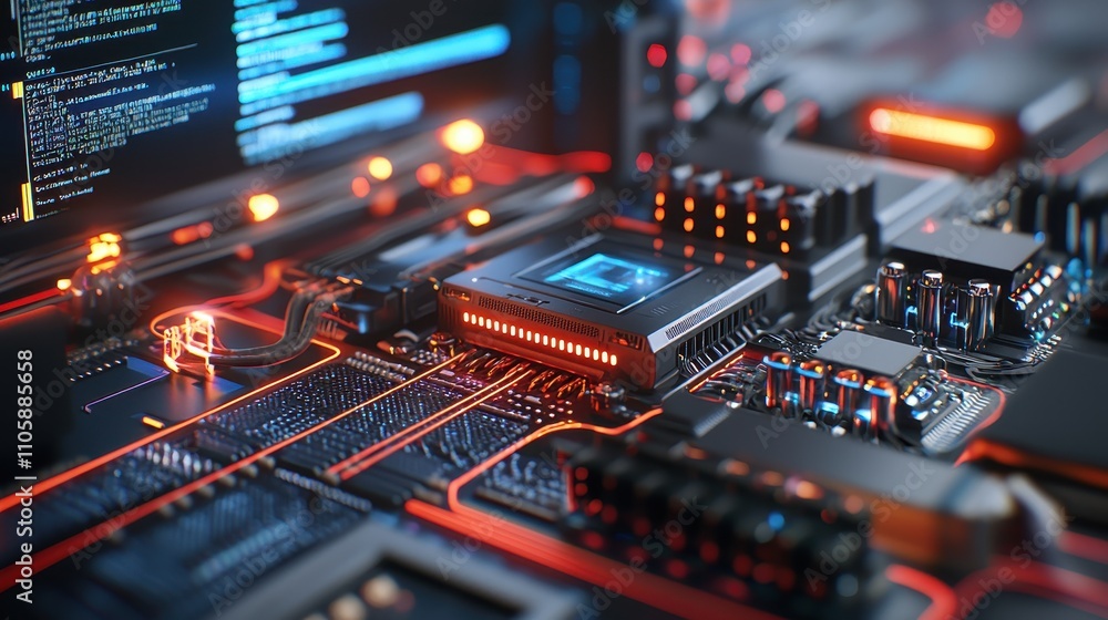 Aufkleber detailed close-up of complex computer circuit board with lights