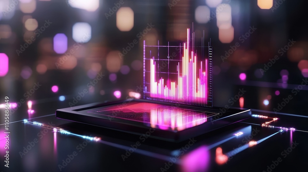 Poster futuristic data visualization with bar graph and neon lights effects
