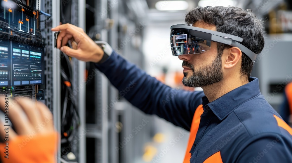 Poster technician using smart glasses in data center for system maintenance
