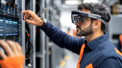Technician Using Smart Glasses in Data Center for System Maintenance