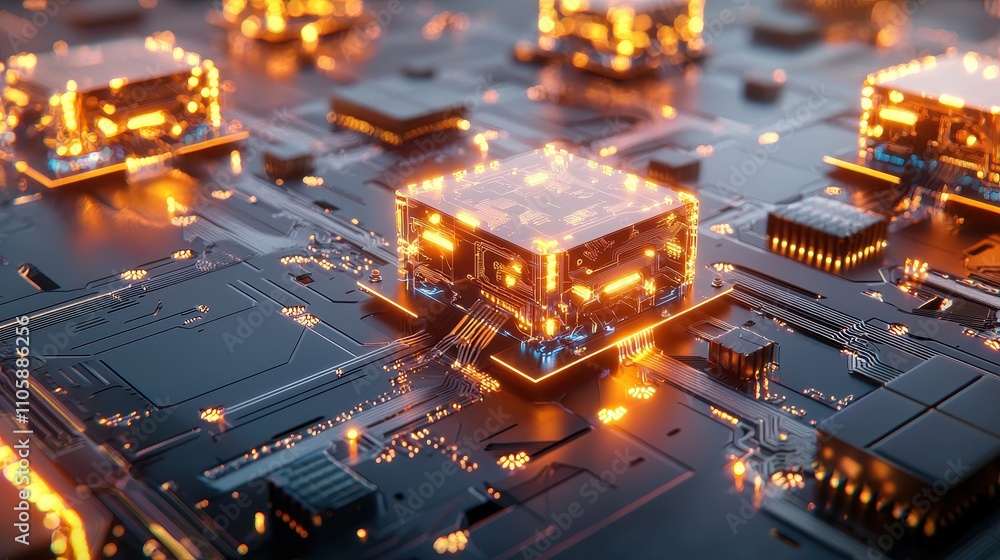 Poster futuristic computer circuit board with glowing orange components