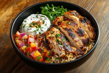 Fototapeta premium Grilled Chicken Bowl with Rice, Salad, and Yogurt Sauce Close-Up
