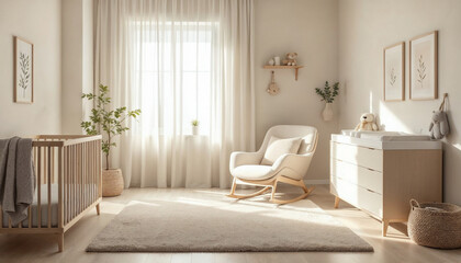 A serene, neutral-toned minimalist nursery with modern furniture, cozy textiles, and soft lighting.






